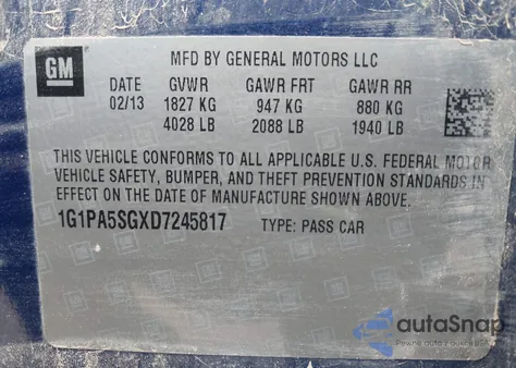 2013 Chevrolet Cruze Ls Auto z USA, uszkodzony, nr VIN 1G1PA5SGXD7245817